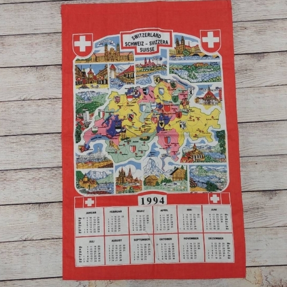 Other - Red Switzerland Calendar Tea Towel 1994 Swiss Map Tea Towel‎